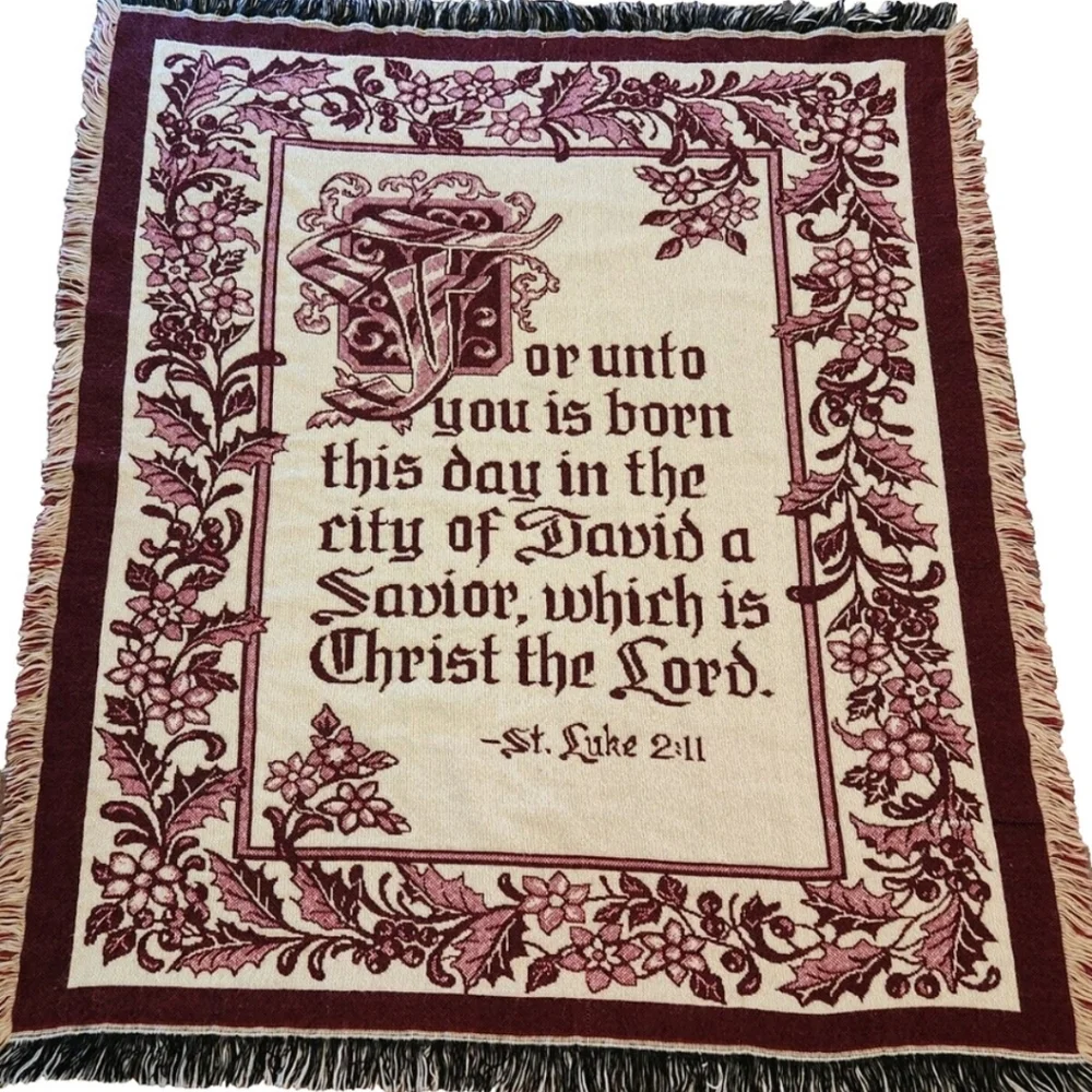 St Luke 2:11 Christmas Throw Blanket Burgandy Cream Religious 54